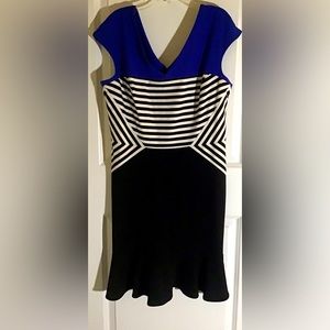 Black, blue and white one piece dress, size 12, short sleeve dress